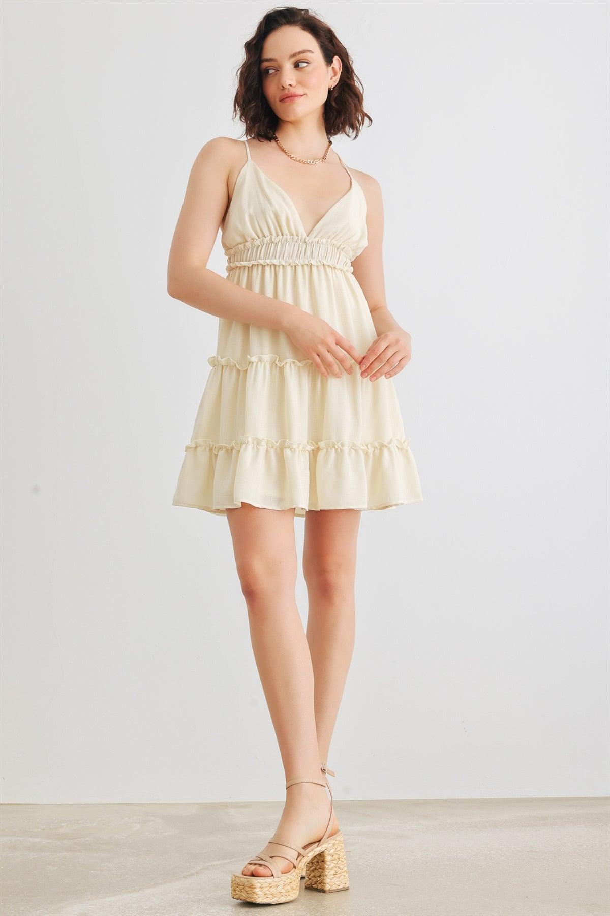 Light Yellow Ruffle Sleeveless V-Neck Mini Dress /1-2-2-1