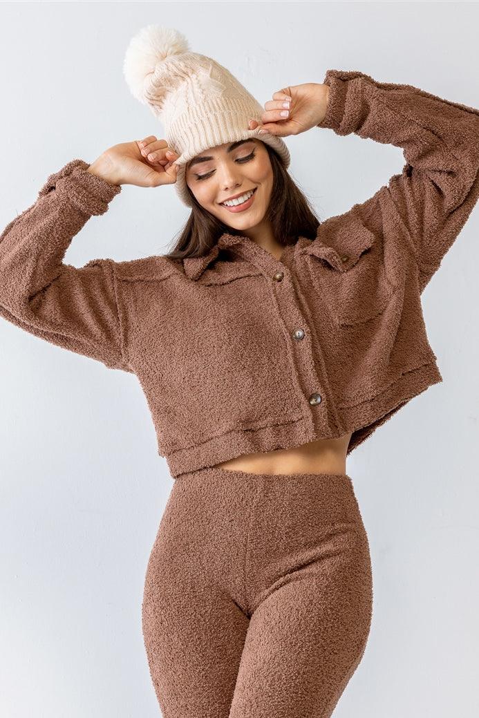 Mocha Teddy Knit Collared Neck Button-Up Two Pocket Top /1-2-2-1