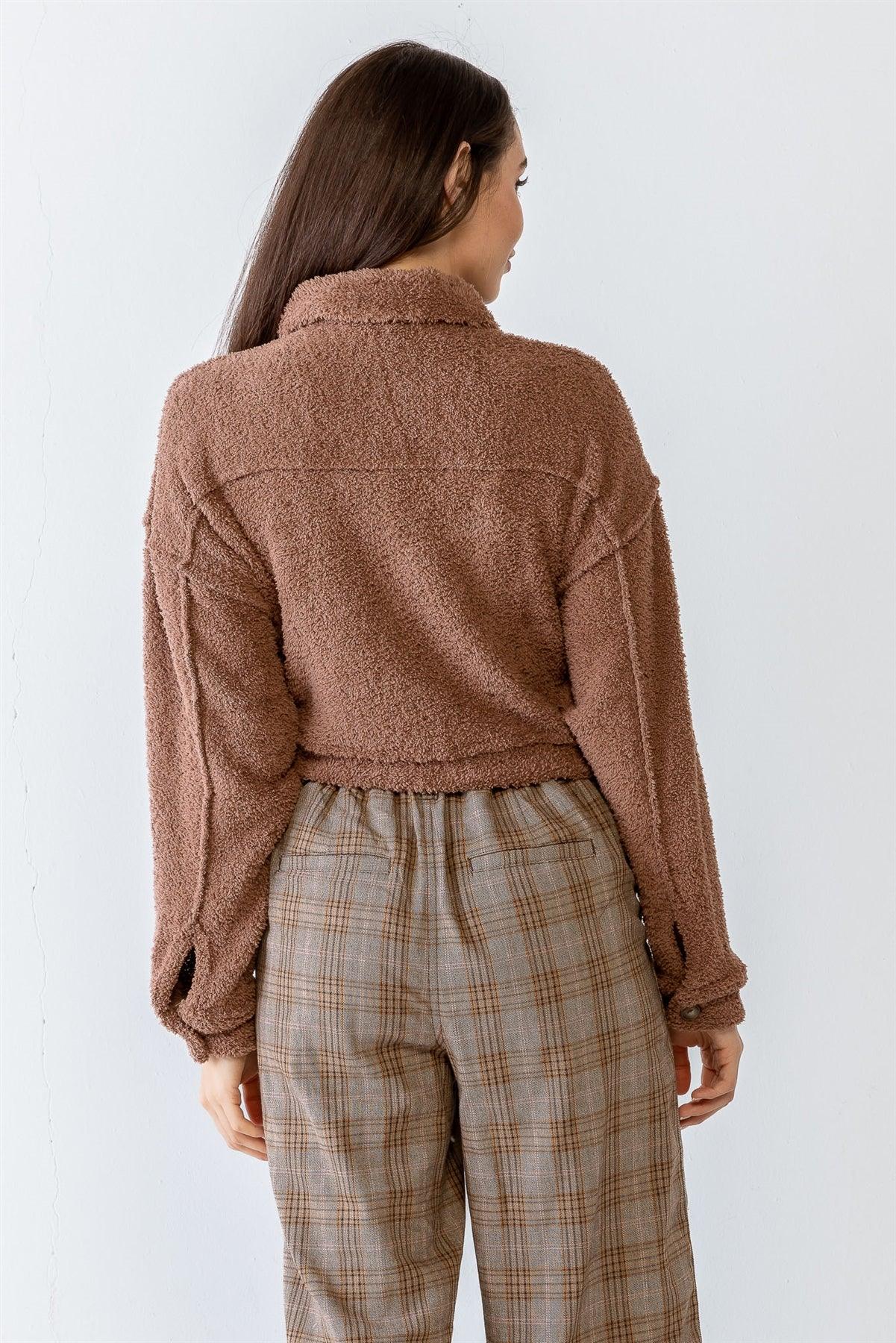 Mocha Teddy Knit Collared Neck Button-Up Two Pocket Top /1-2-2-1