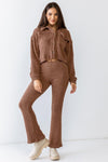 Mocha Teddy Knit Collared Neck Button-Up Two Pocket Top & High Waist Pants Set /1-2-2-1