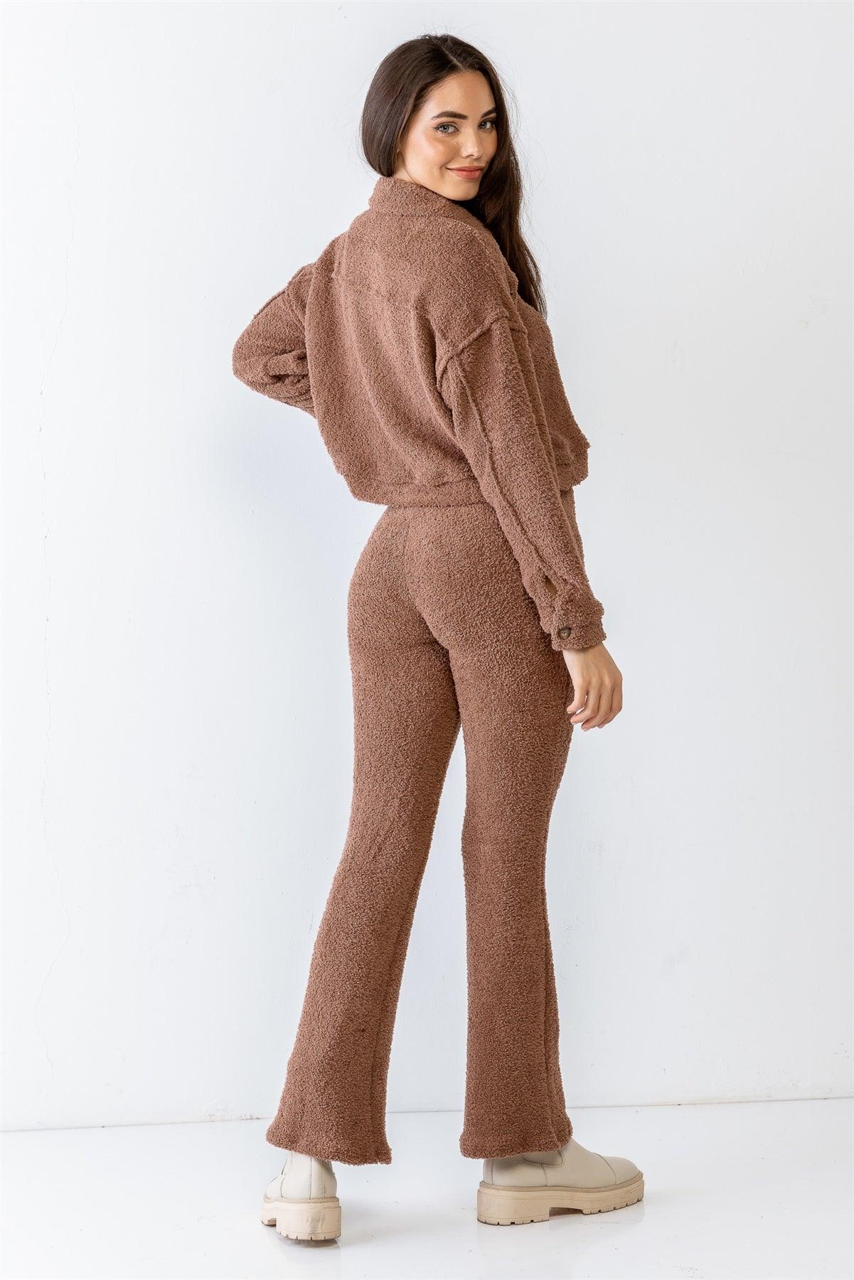 Mocha Teddy Knit Collared Neck Button-Up Two Pocket Top & High Waist Pants Set /1-2-2-1