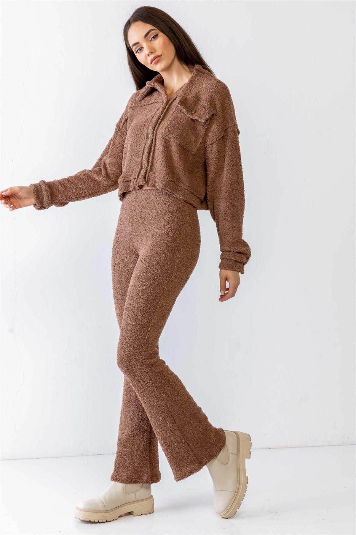 Mocha Teddy Knit Collared Neck Button-Up Two Pocket Top & High Waist Pants Set /1-2-2-1