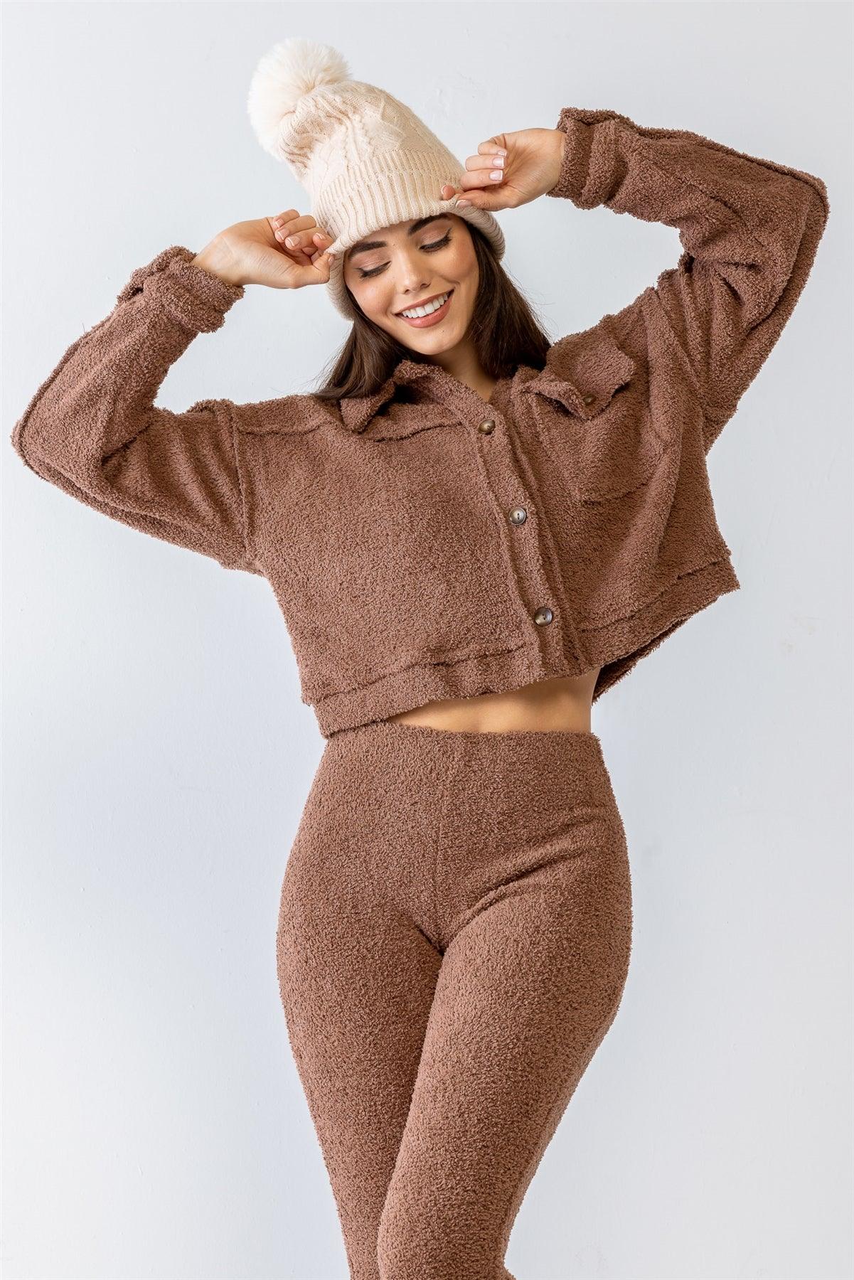 Mocha Teddy Knit Collared Neck Button-Up Two Pocket Top & High Waist Pants Set /1-2-2-1