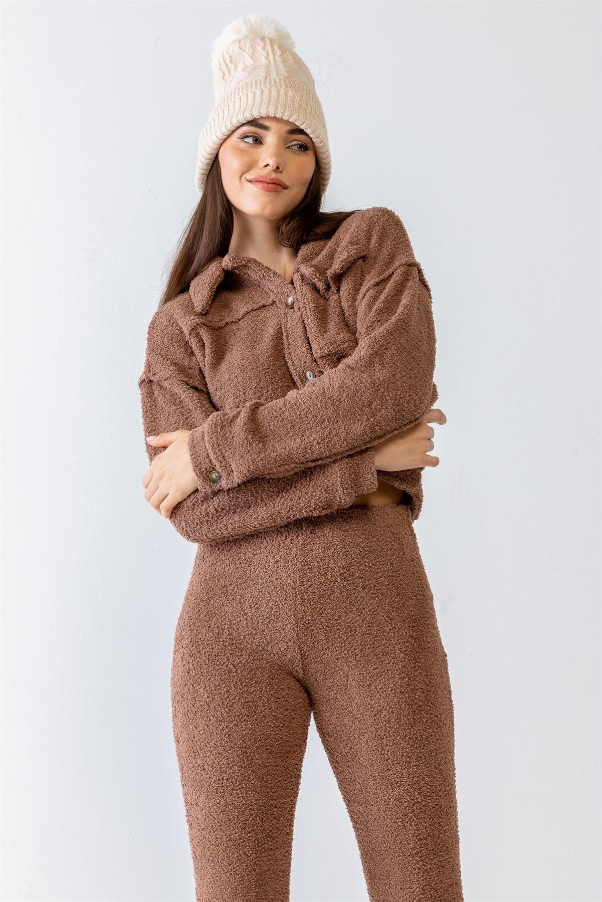 Mocha Teddy Knit Collared Neck Button-Up Two Pocket Top & High Waist Pants Set /1-2-2-1