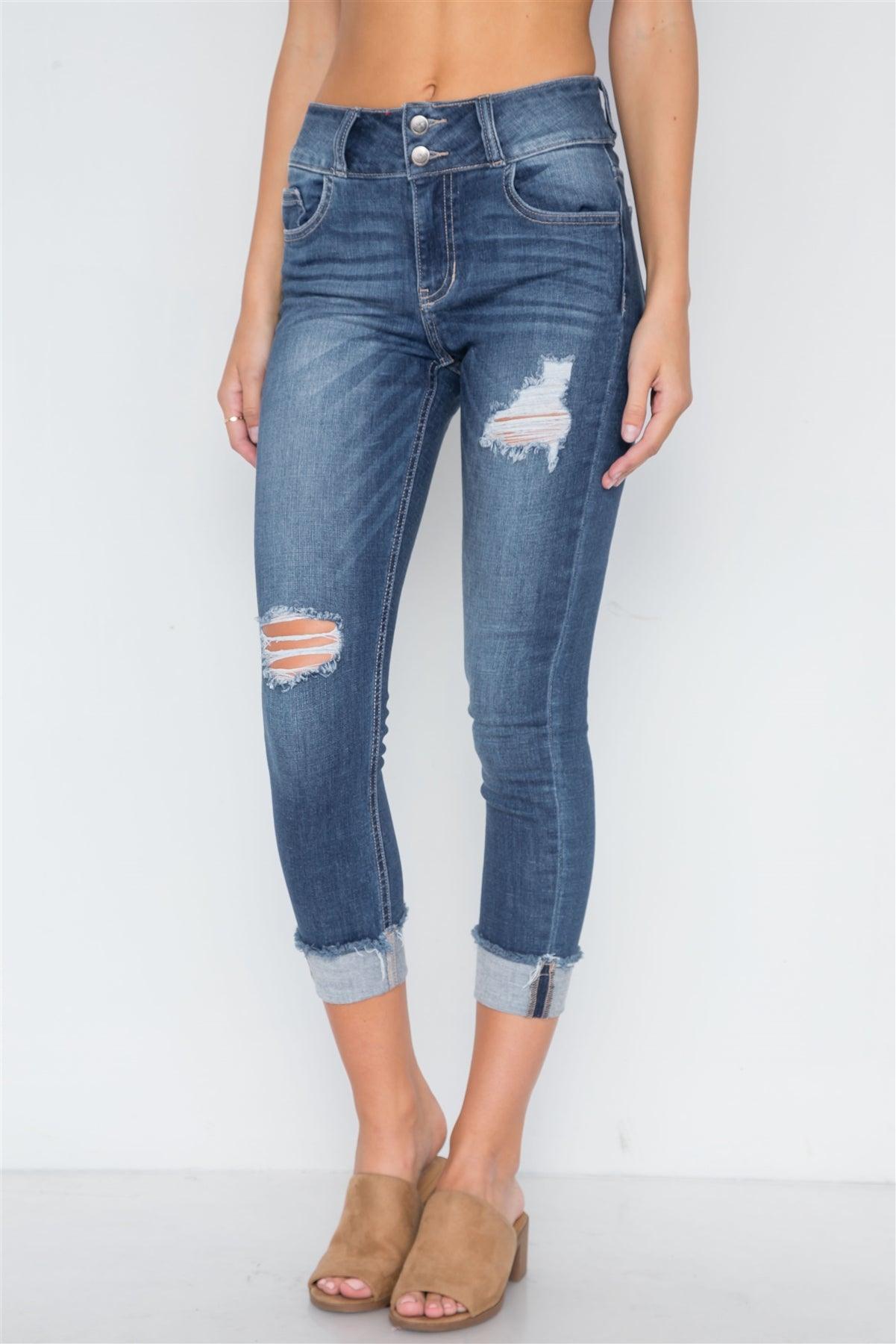 Dark Denim Cuffed Hem Skinny Jeans /1-1-2-2-3-3