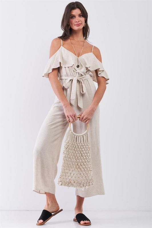 Oatmeal Natural Linen Off-The-Shoulder V-Neck Ruffle Hem Wide Leg Maxi Jumpsuit /3-2-1