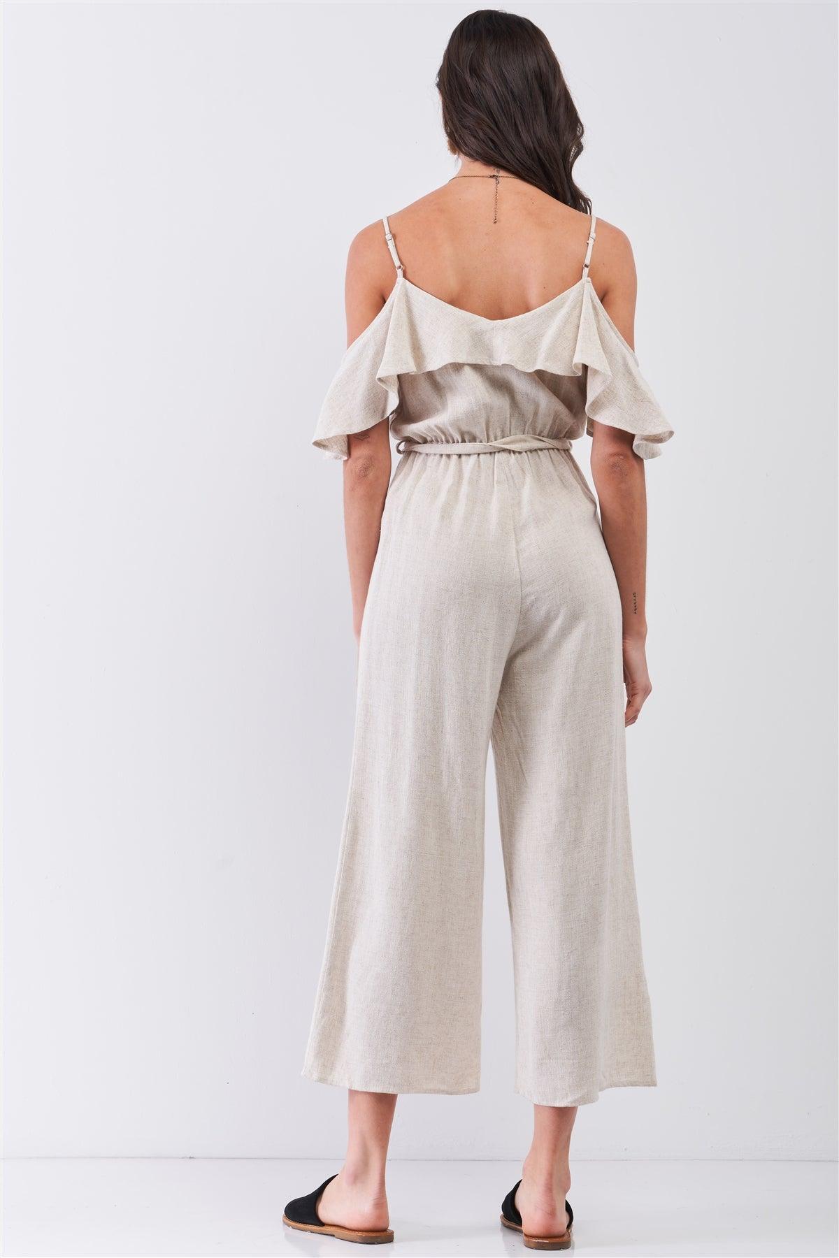 Oatmeal Natural Linen Off-The-Shoulder V-Neck Ruffle Hem Wide Leg Maxi Jumpsuit /3-2-1