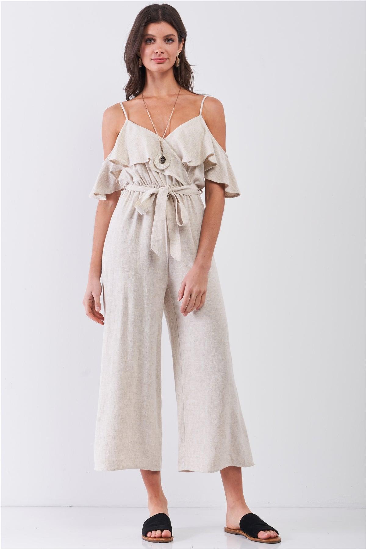 Oatmeal Natural Linen Off-The-Shoulder V-Neck Ruffle Hem Wide Leg Maxi Jumpsuit /3-2-1