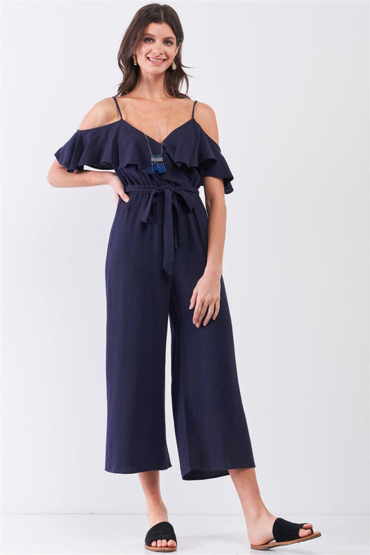 Navy Natural Linen Off-The-Shoulder V-Neck Ruffle Hem Wide Leg Maxi Jumpsuit /3-2-1