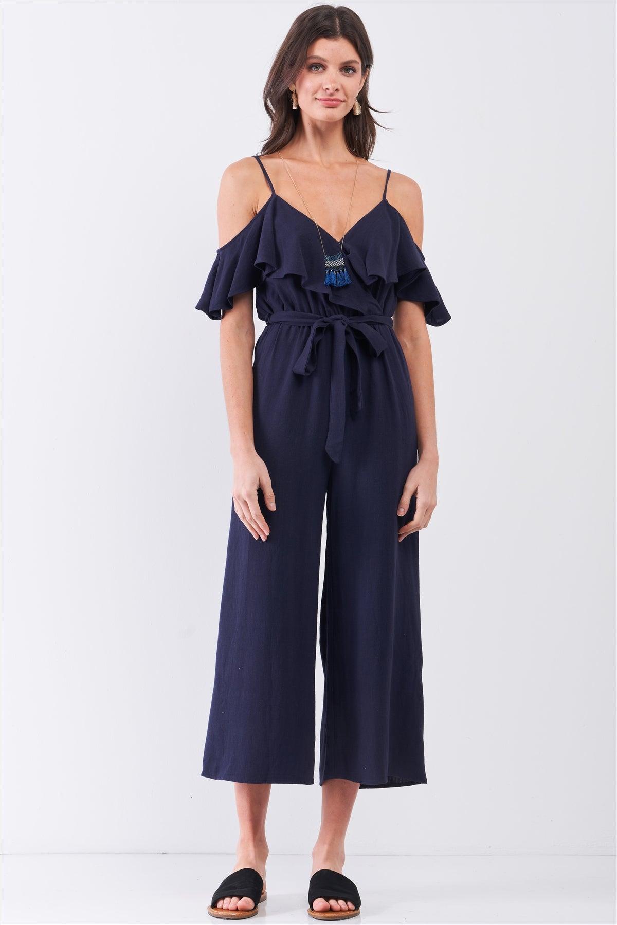 Navy Natural Linen Off-The-Shoulder V-Neck Ruffle Hem Wide Leg Maxi Jumpsuit /3-2-1