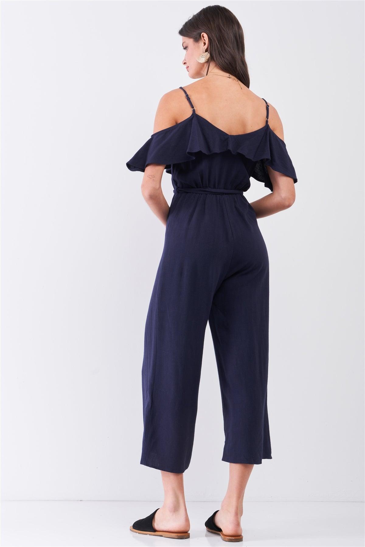 Navy Natural Linen Off-The-Shoulder V-Neck Ruffle Hem Wide Leg Maxi Jumpsuit /3-2-1