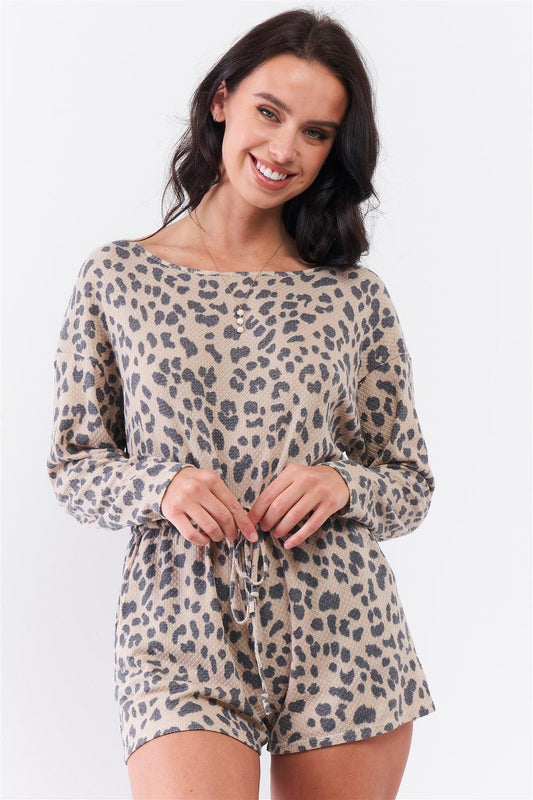 Taupe Leopard Print Long Sleeve Self-Tie V-Back Detail Draw-String Tie Waistline Romper /3-2-1