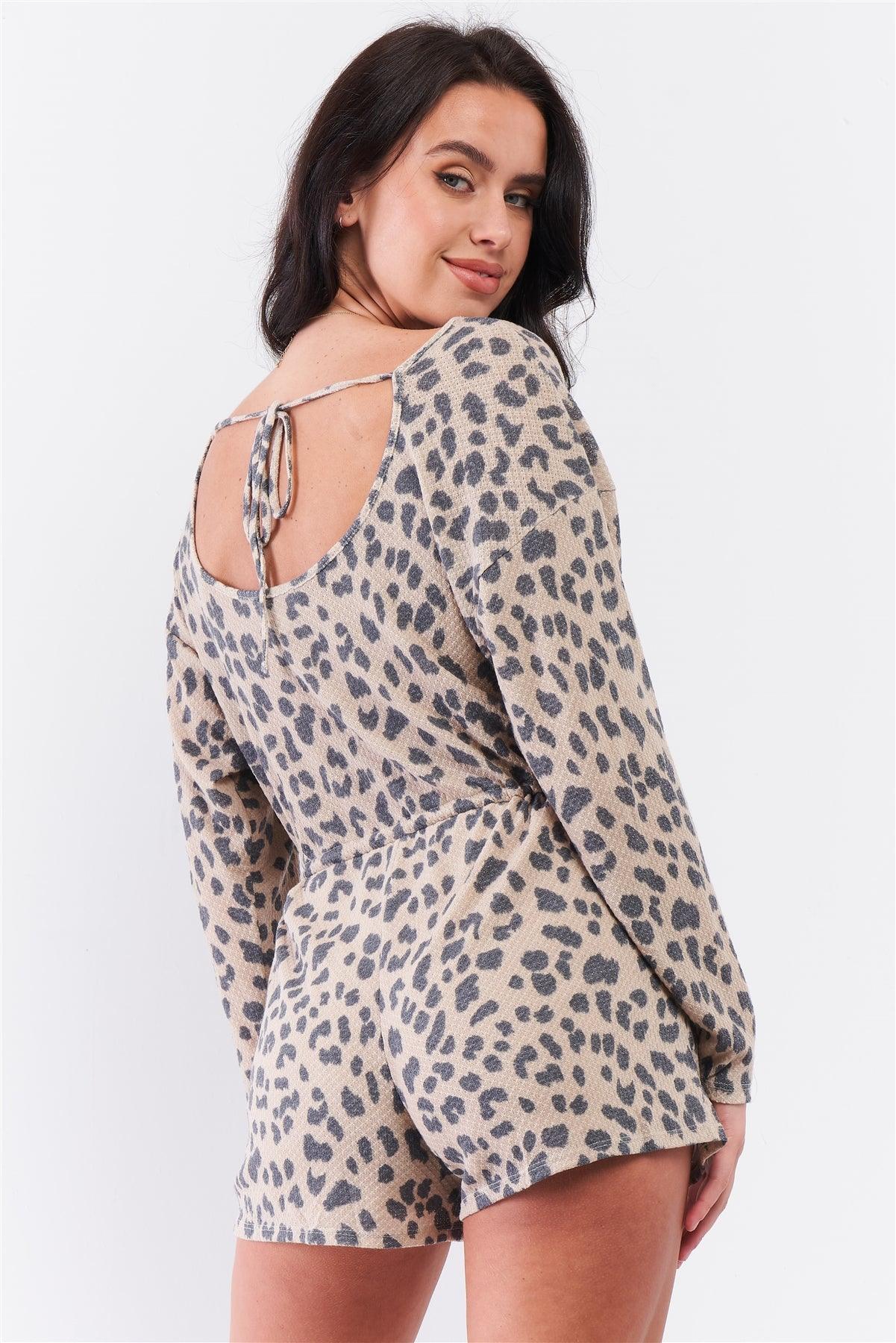 Taupe Leopard Print Long Sleeve Self-Tie V-Back Detail Draw-String Tie Waistline Romper /3-2-1