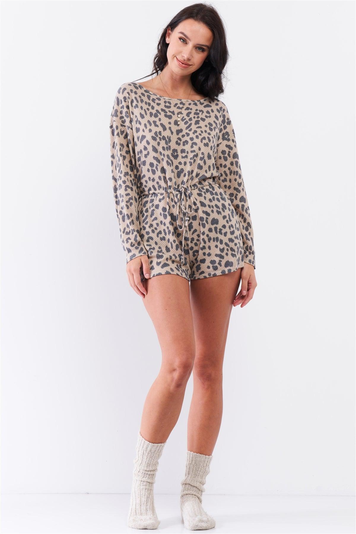 Taupe Leopard Print Long Sleeve Self-Tie V-Back Detail Draw-String Tie Waistline Romper /3-2-1