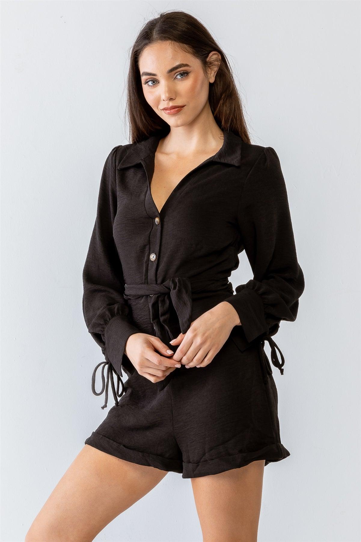 Black Textured Button-Up Collared Neck Long Sleeve Belted Romper /1-1-1