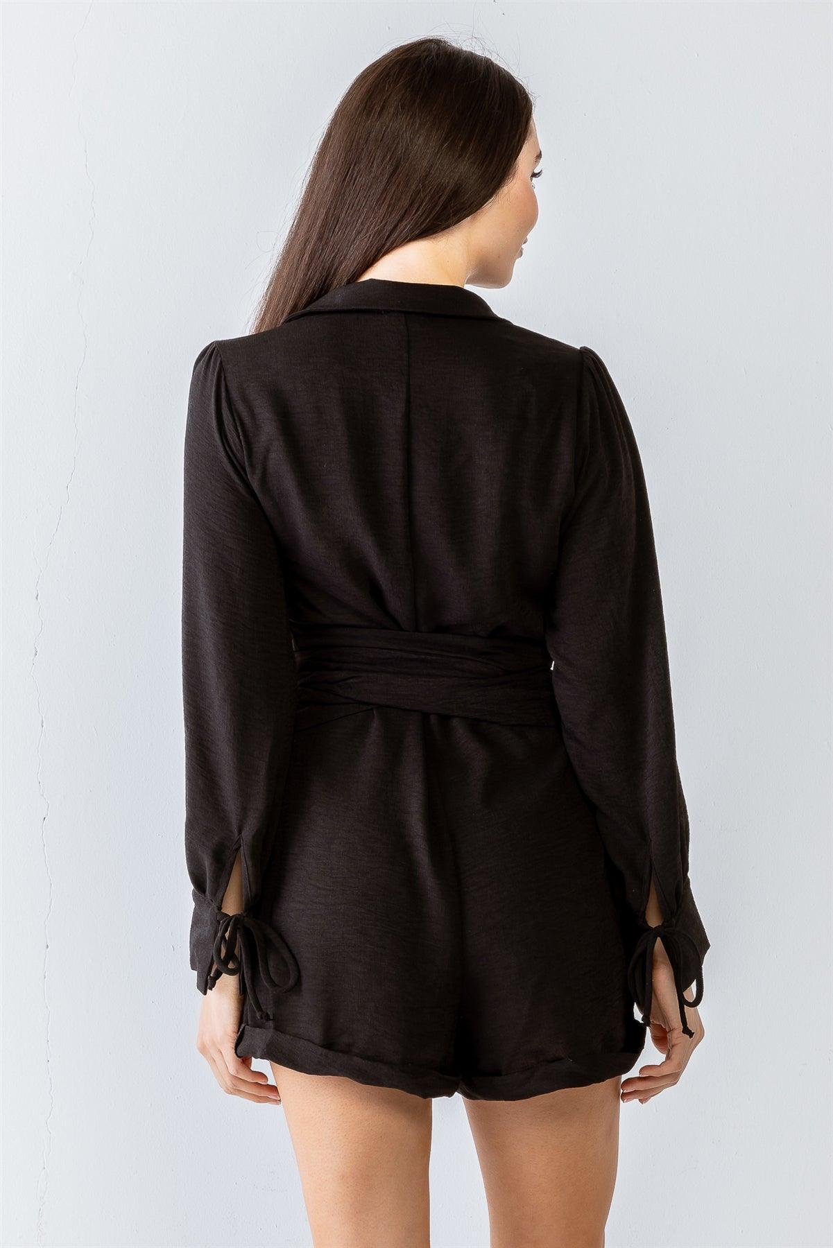 Black Textured Button-Up Collared Neck Long Sleeve Belted Romper /1-1-1