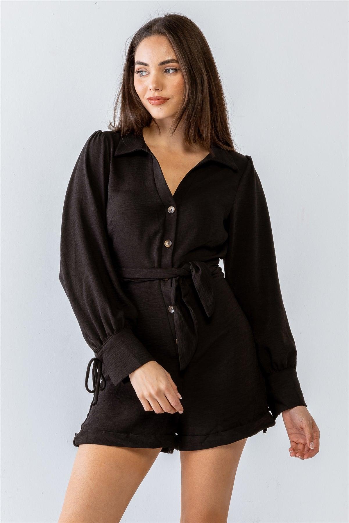 Black Textured Button-Up Collared Neck Long Sleeve Belted Romper /1-1-1