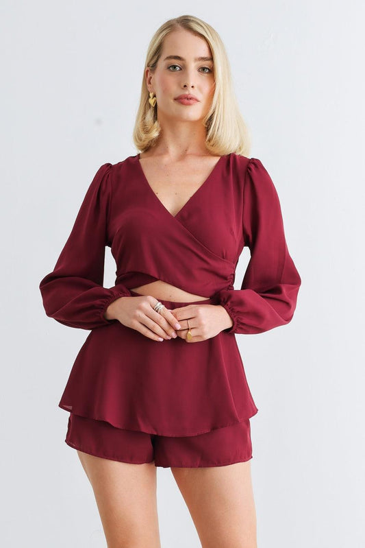 Burgundy Long Sleeve Wrap Neck Belted Tier Romper /1-2-2-1