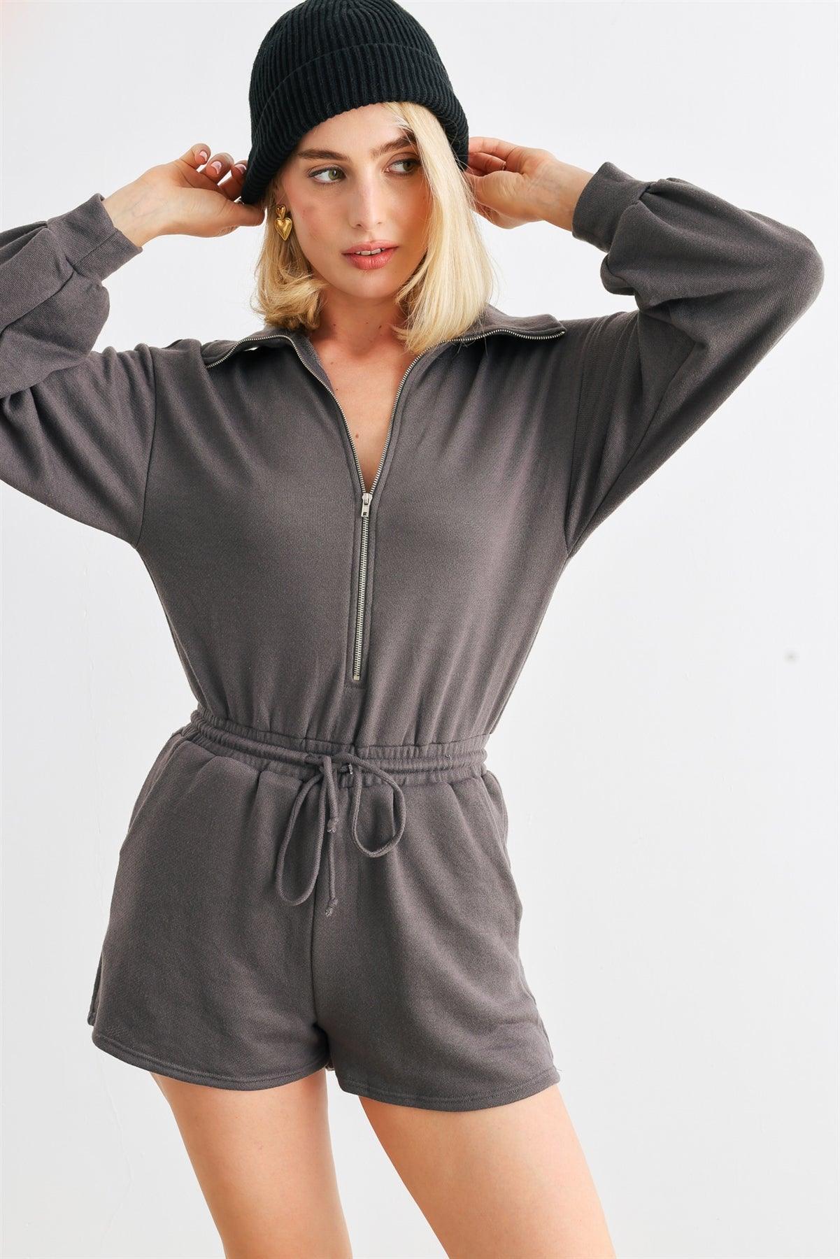 Charcoal Zip-Up Mock Neck Two Pocket Long Sleeve Romper /1-2-2-1