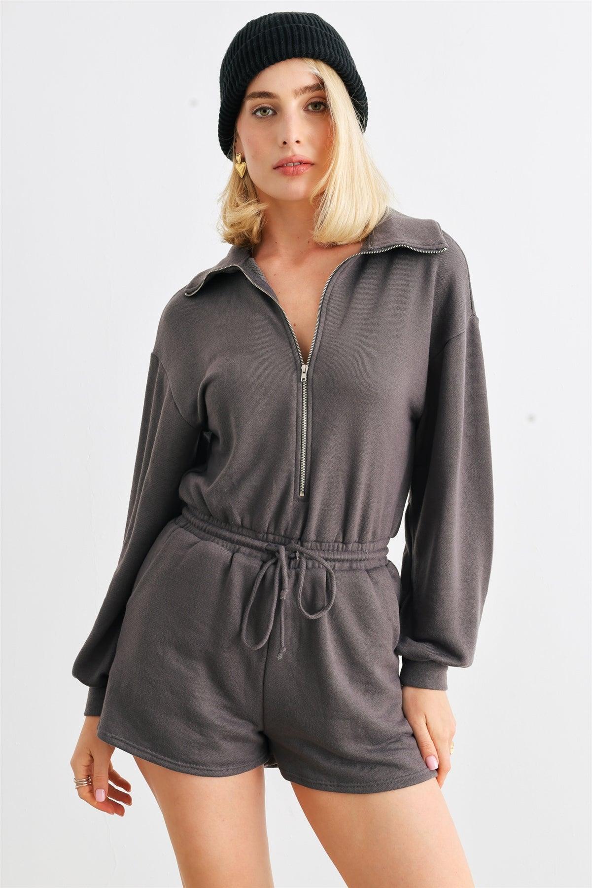 Charcoal Zip-Up Mock Neck Two Pocket Long Sleeve Romper /1-2-2-1