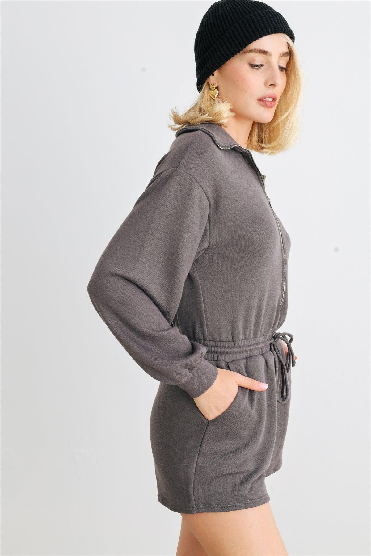 Charcoal Zip-Up Mock Neck Two Pocket Long Sleeve Romper /1-2-2-1