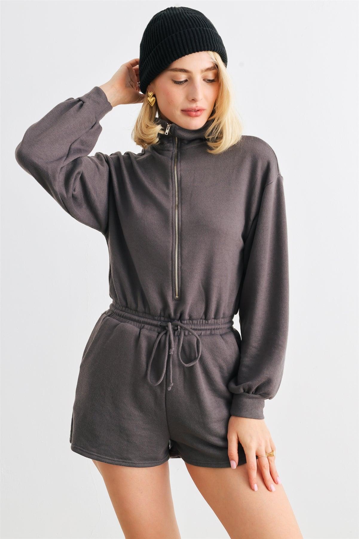 Charcoal Zip-Up Mock Neck Two Pocket Long Sleeve Romper /1-2-2-1