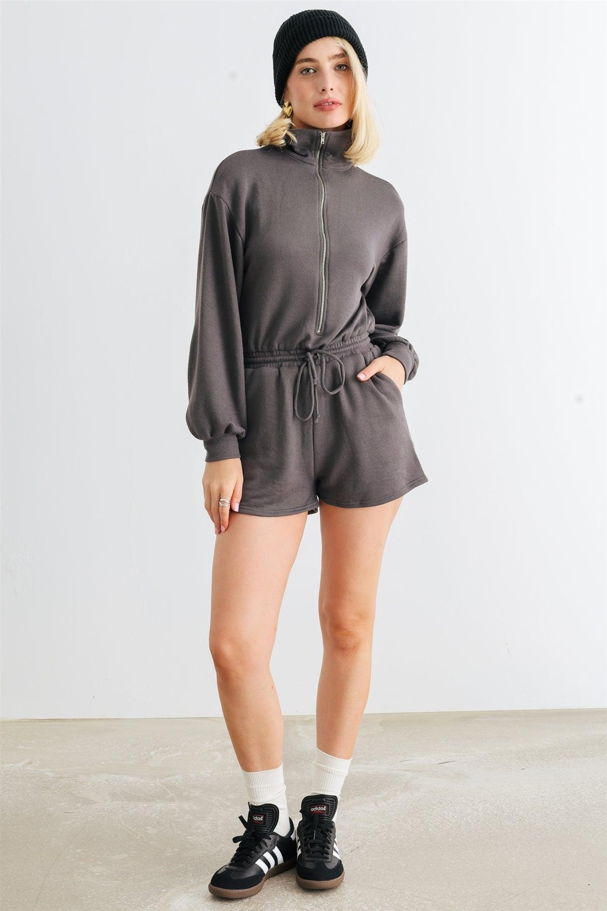 Charcoal Zip-Up Mock Neck Two Pocket Long Sleeve Romper /1-2-2-1