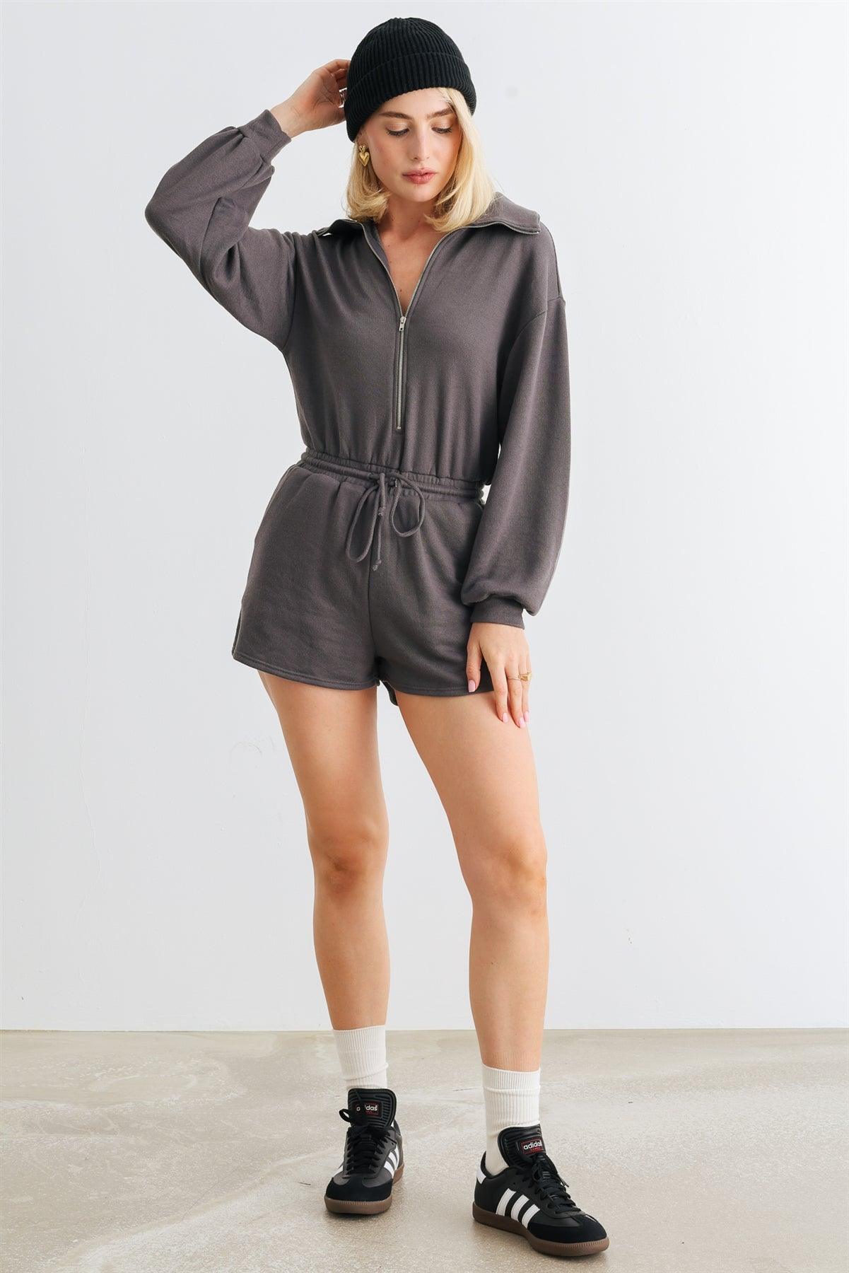 Charcoal Zip-Up Mock Neck Two Pocket Long Sleeve Romper /1-2-2-1