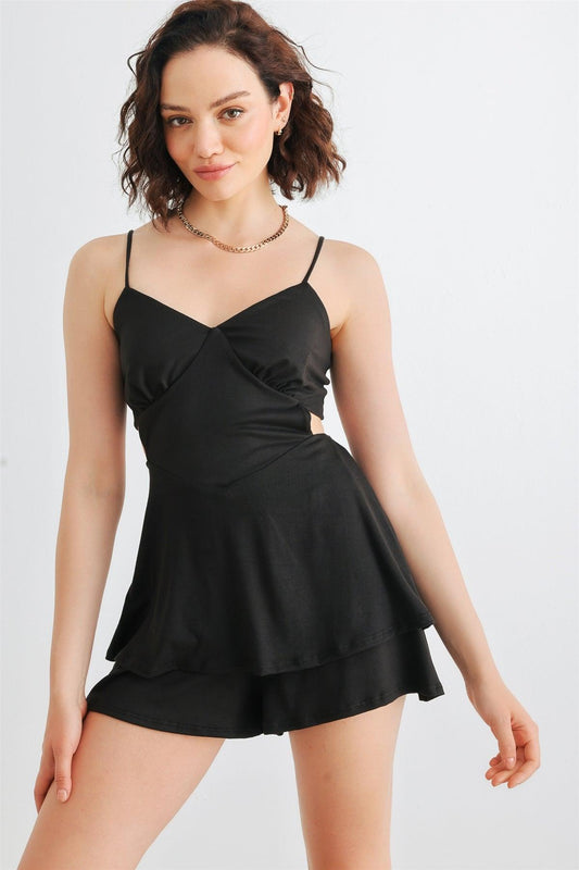 Black Sleeveless Strappy V-Neck Back Lace-Up Romper /1-2-1