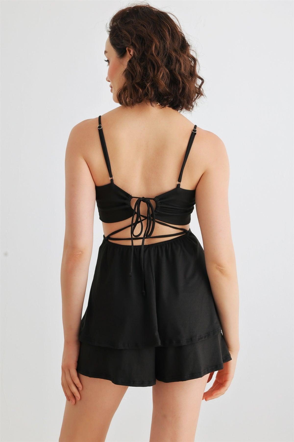 Black Sleeveless Strappy V-Neck Back Lace-Up Romper /1-2-1