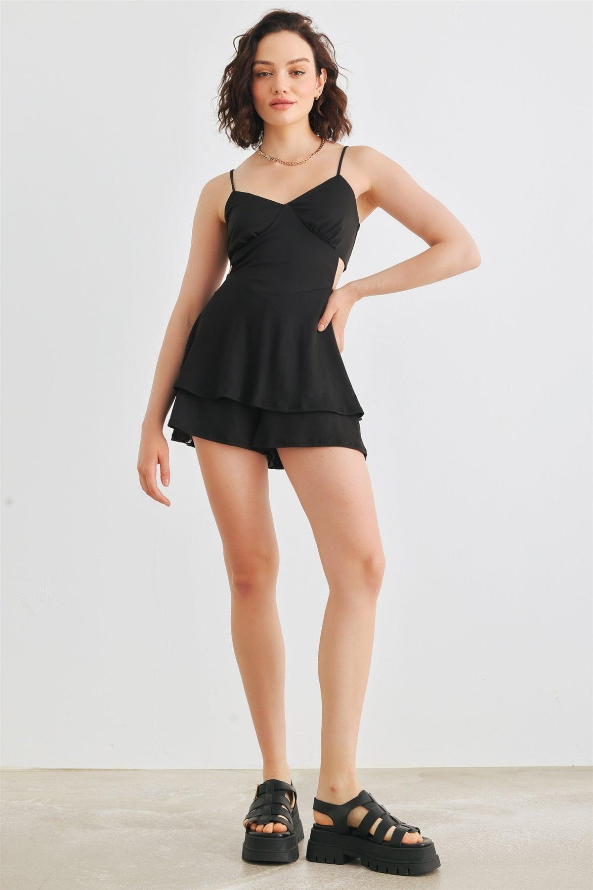 Black Sleeveless Strappy V-Neck Back Lace-Up Romper /1-2-1