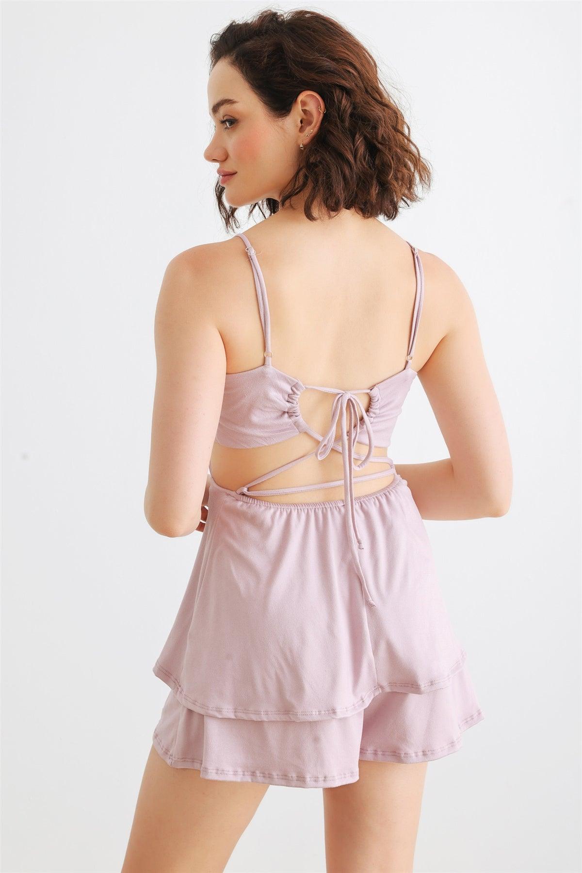 Lilac Sleeveless Strappy V-Neck Back Lace-Up Romper /1-2-1-1