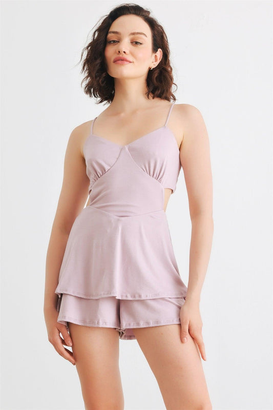 Lilac Sleeveless Strappy V-Neck Back Lace-Up Romper /1-2-2-1