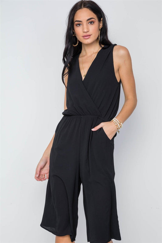 Black Surplice Neckline Capri Sleeveless Jumpsuit /2-2-2