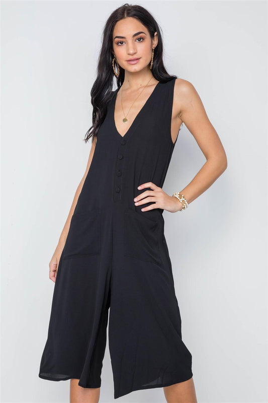 Black V-Neck Sleeveless Capri Jumpsuit /2-2-2