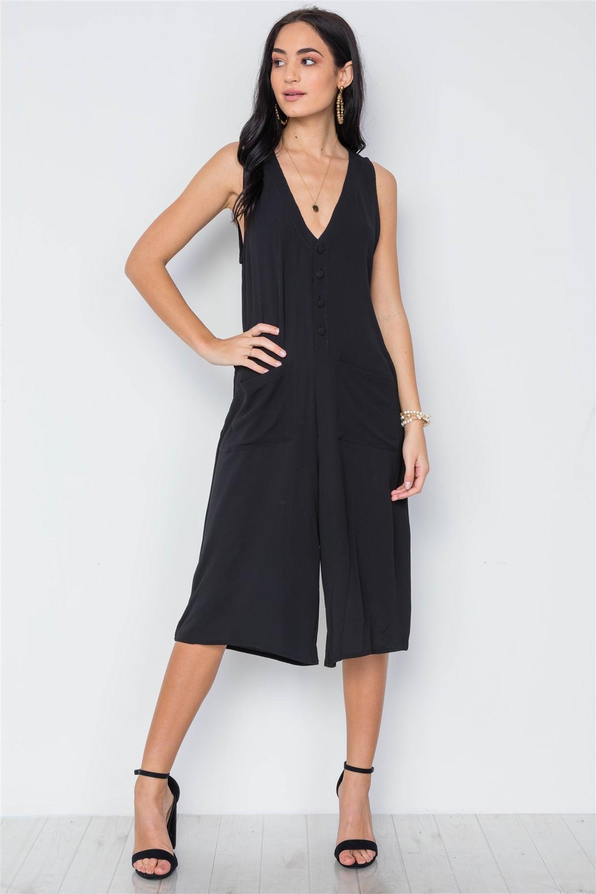 Black V-Neck Sleeveless Capri Jumpsuit /2-2-2