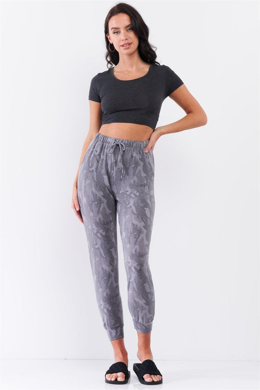 Grey Camo Print Loose Fit High-Waisted Elasticated Self-Tie Drawstring Waistline Track Pants /3-2-1