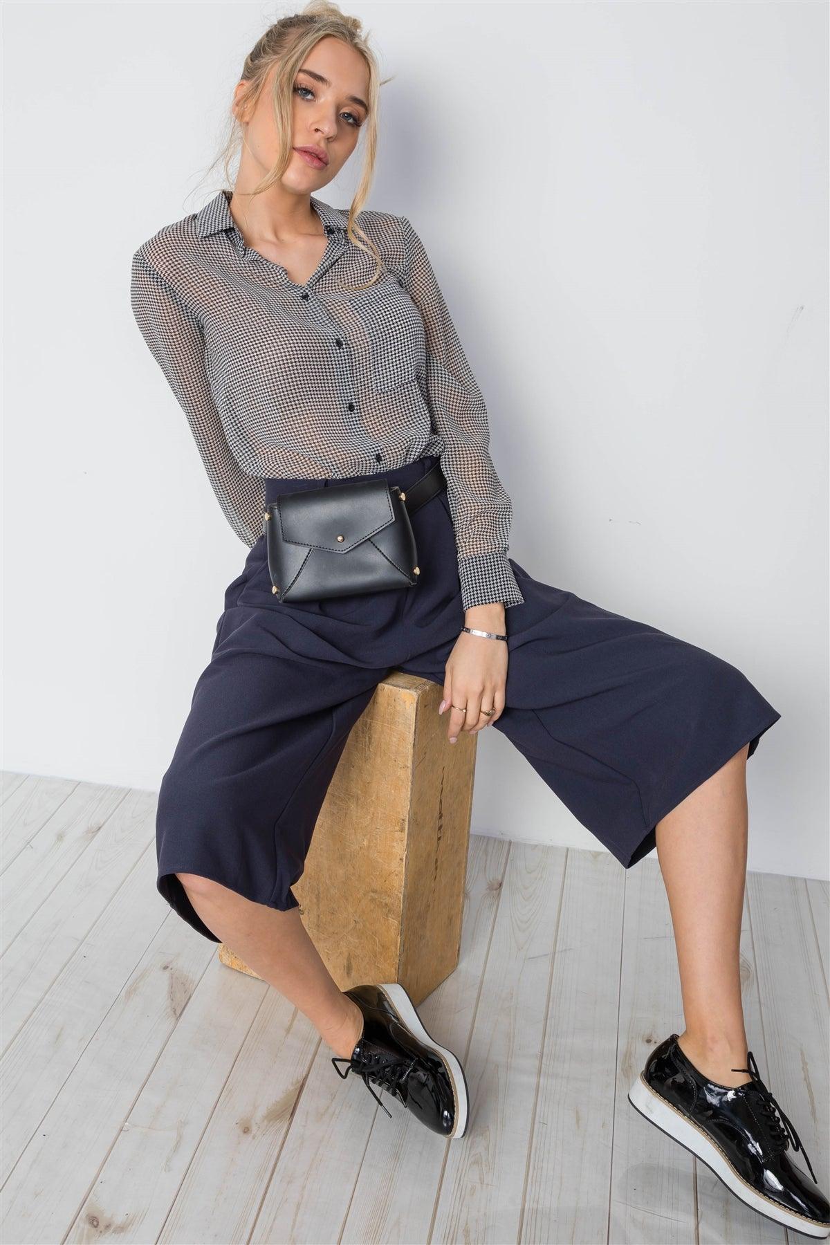 Navy Cropped Wide Leg High Waist Pants