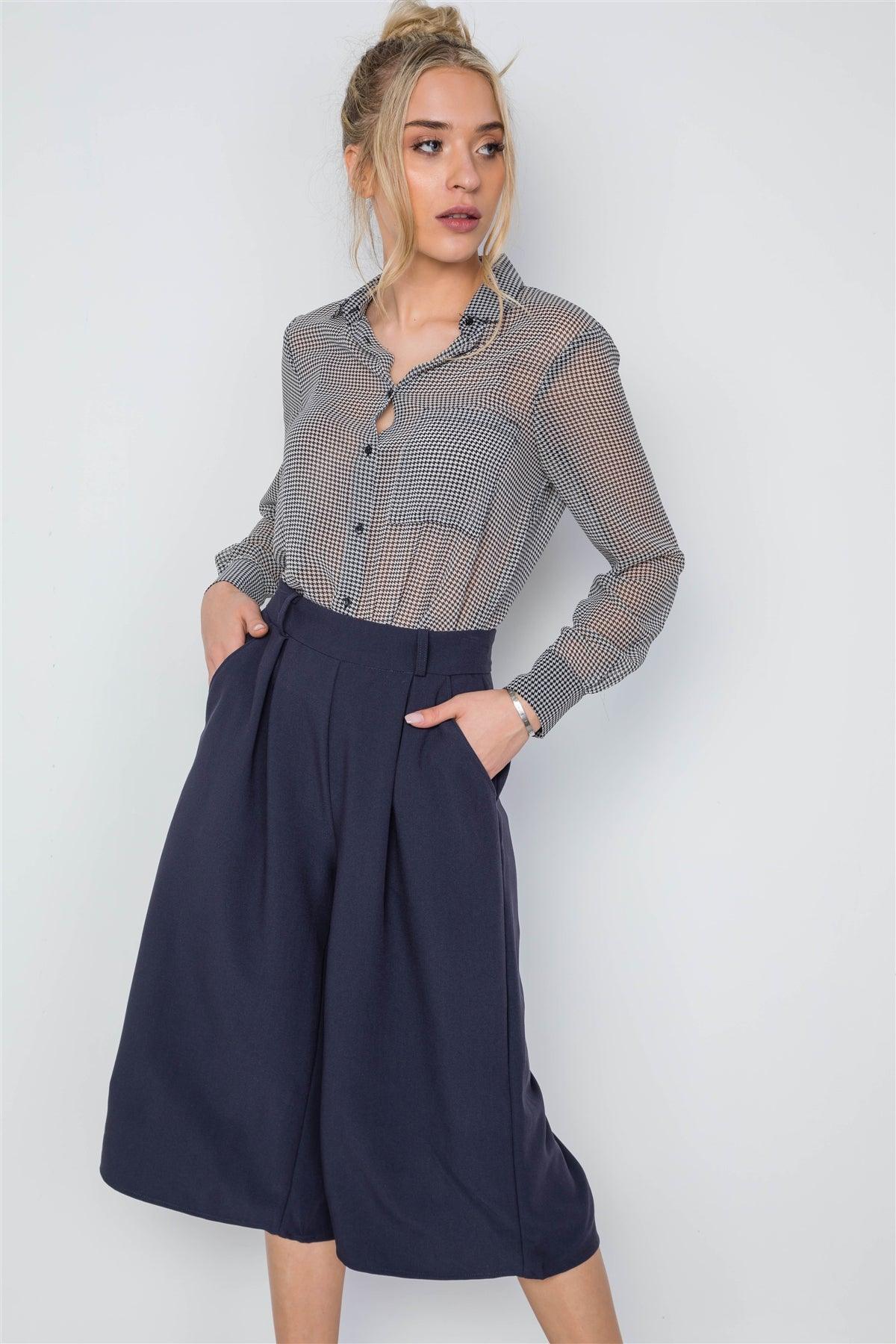 Navy Cropped Wide Leg High Waist Pants /2-2-2