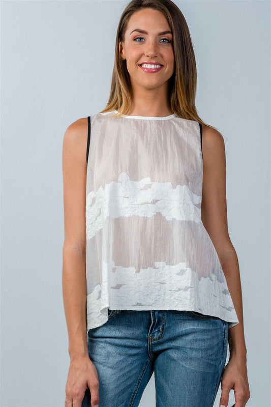 White Textured Pattern Detail Mesh Top /1-3-1