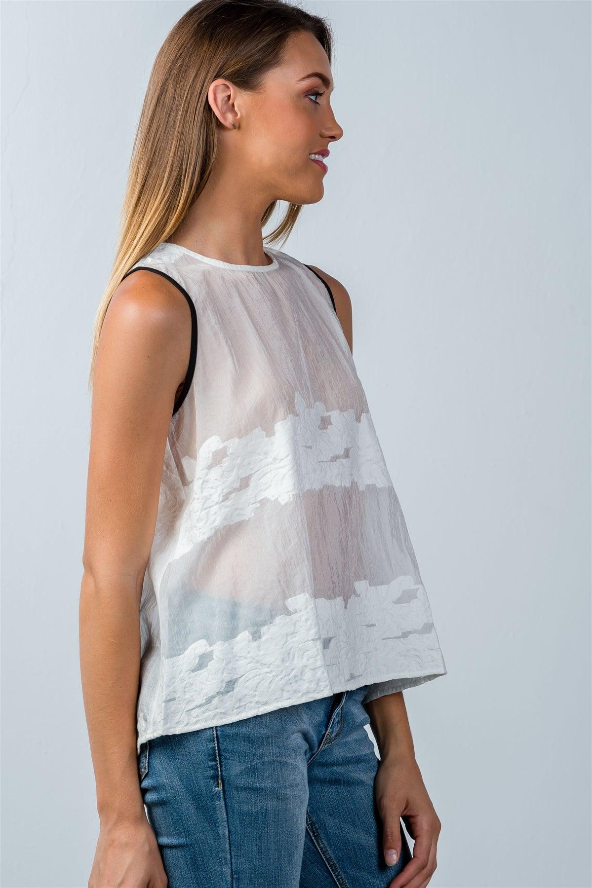 White Textured Pattern Detail Mesh Top /1-3-1