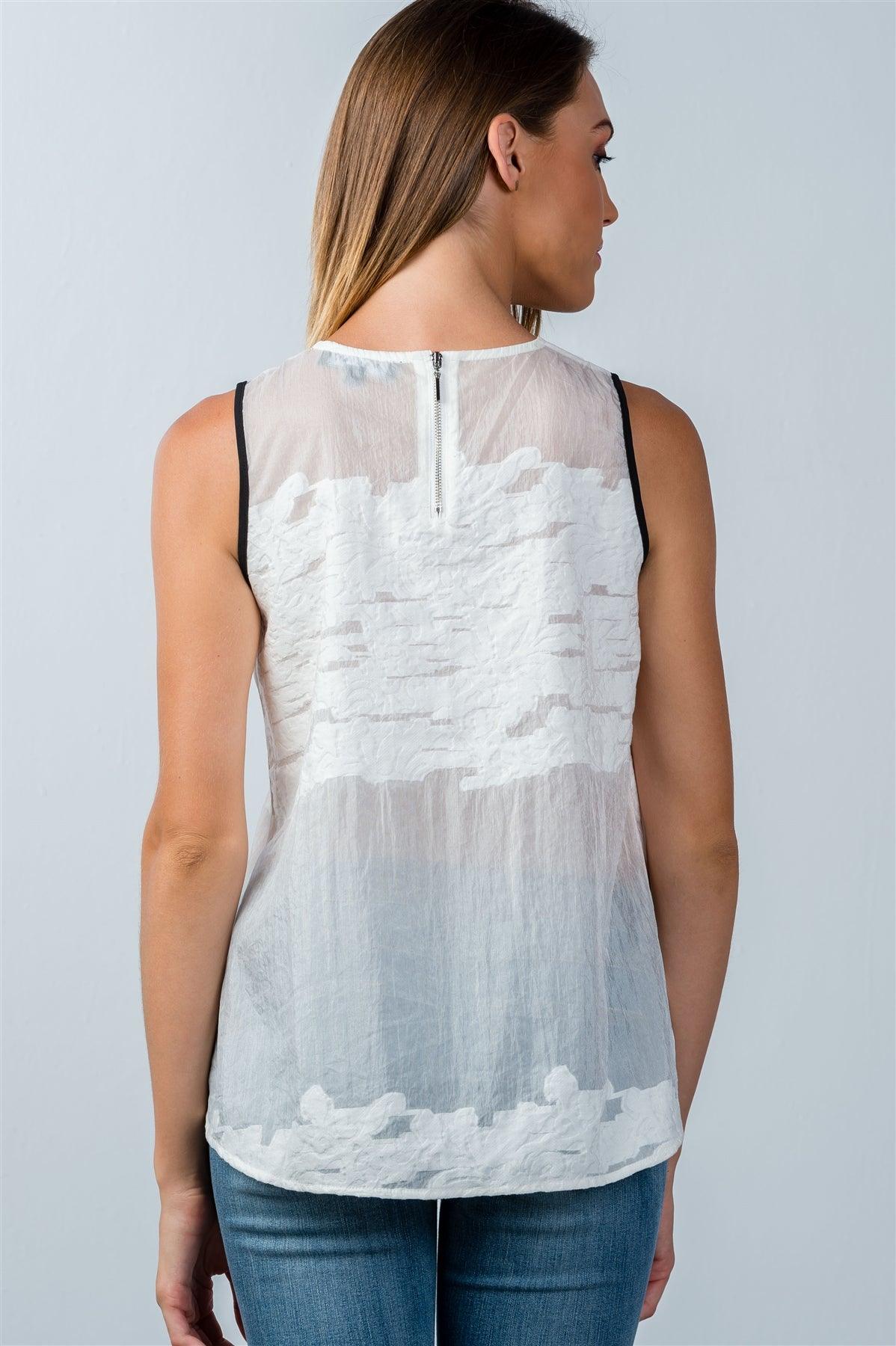 White Textured Pattern Detail Mesh Top /1-3-1