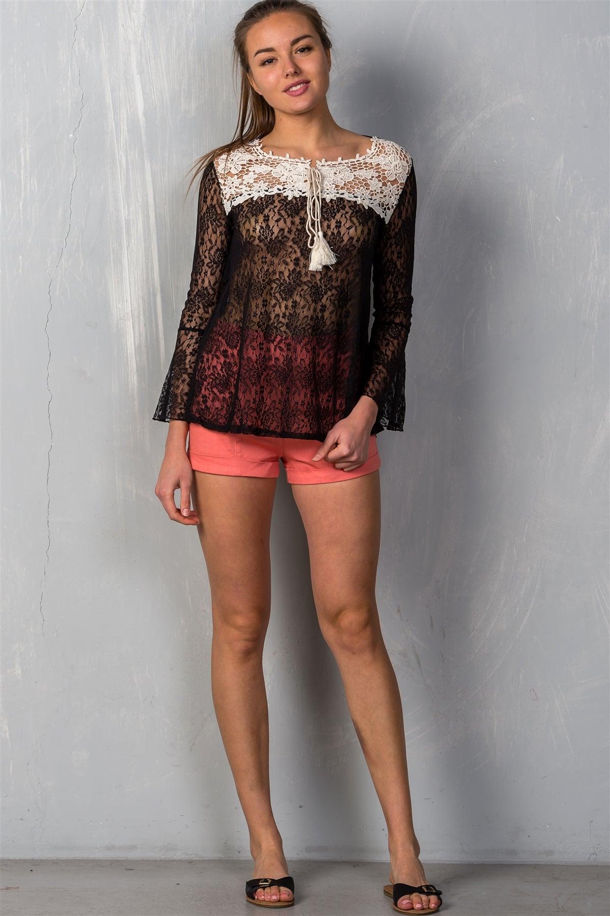 Black Allover Lace with Lace Detail Contrast Top /1-2-2-1