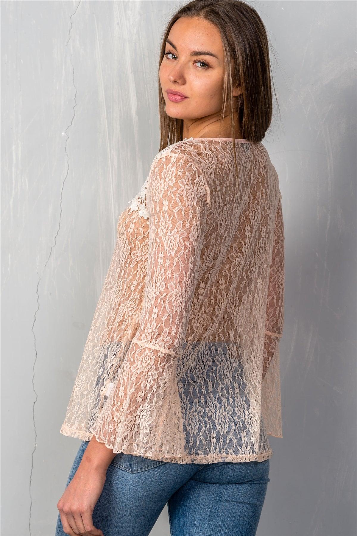 Peach Allover Lace Self-Tie Neck W/ Tassel Top /1-2-2-1 - Tasha Apparel Wholesale