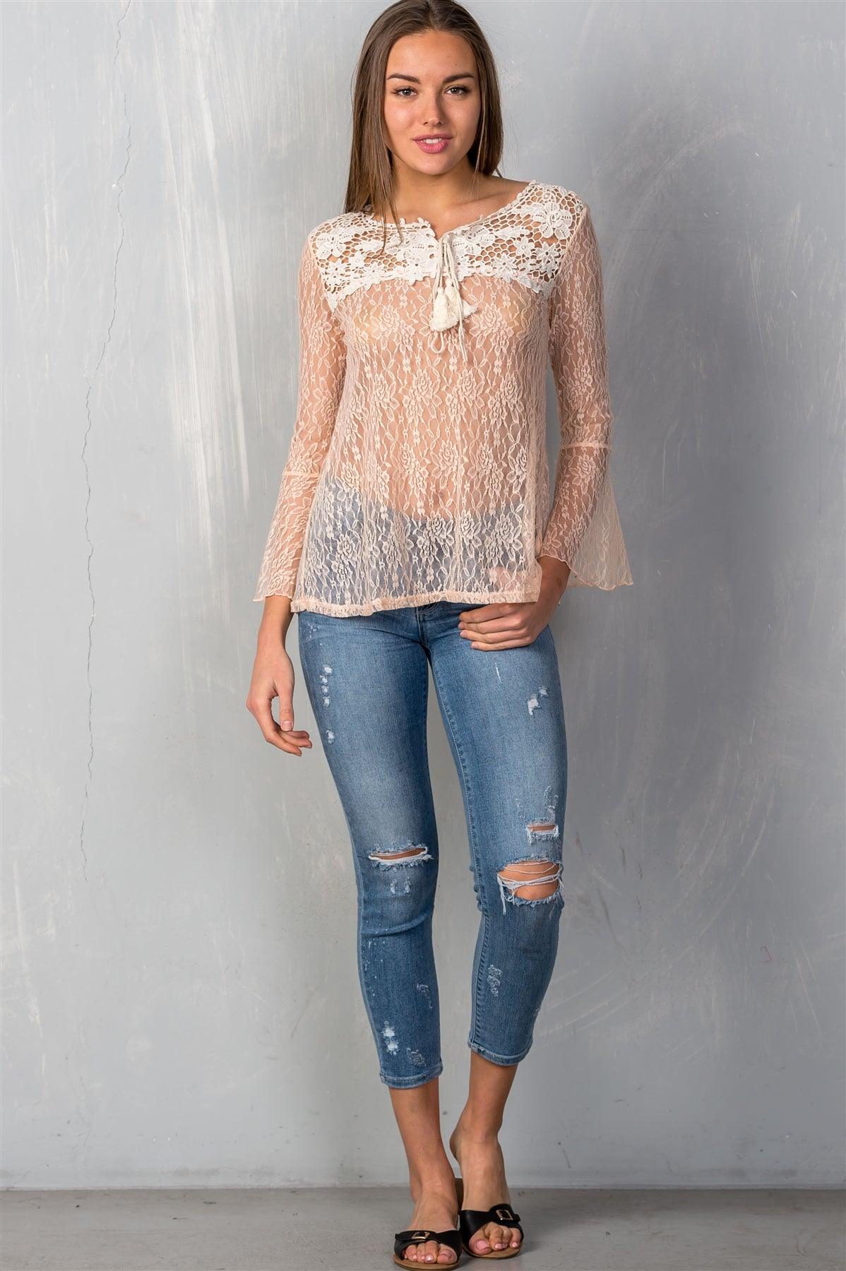 Peach Allover Lace Self-Tie Neck W/ Tassel Top /1-2-2-1 - Tasha Apparel Wholesale