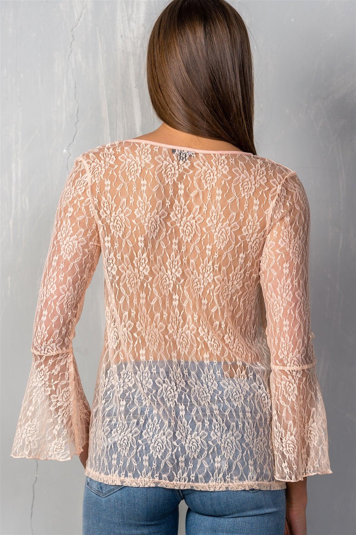 Peach Allover Lace Self-Tie Neck W/ Tassel Top /1-2-2-1