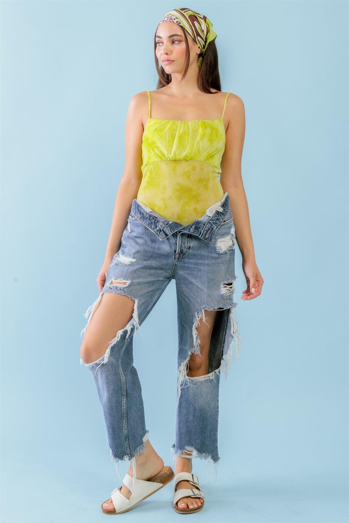 Lime & White Tie-Dye Mesh Sleeveless Strappy Bodysuit /3-2-1