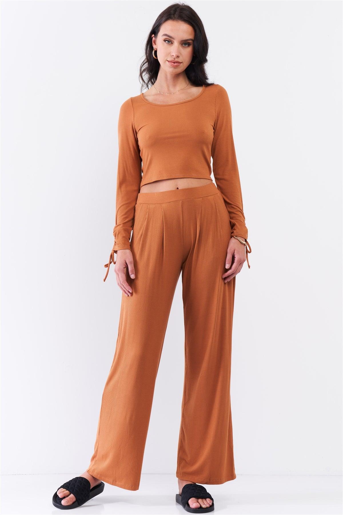 Honey Gold Ribbed Ruched Sleeve Detail Crop Top & Pleated Mid-Rise Wide Leg Pant Set /3-2-1