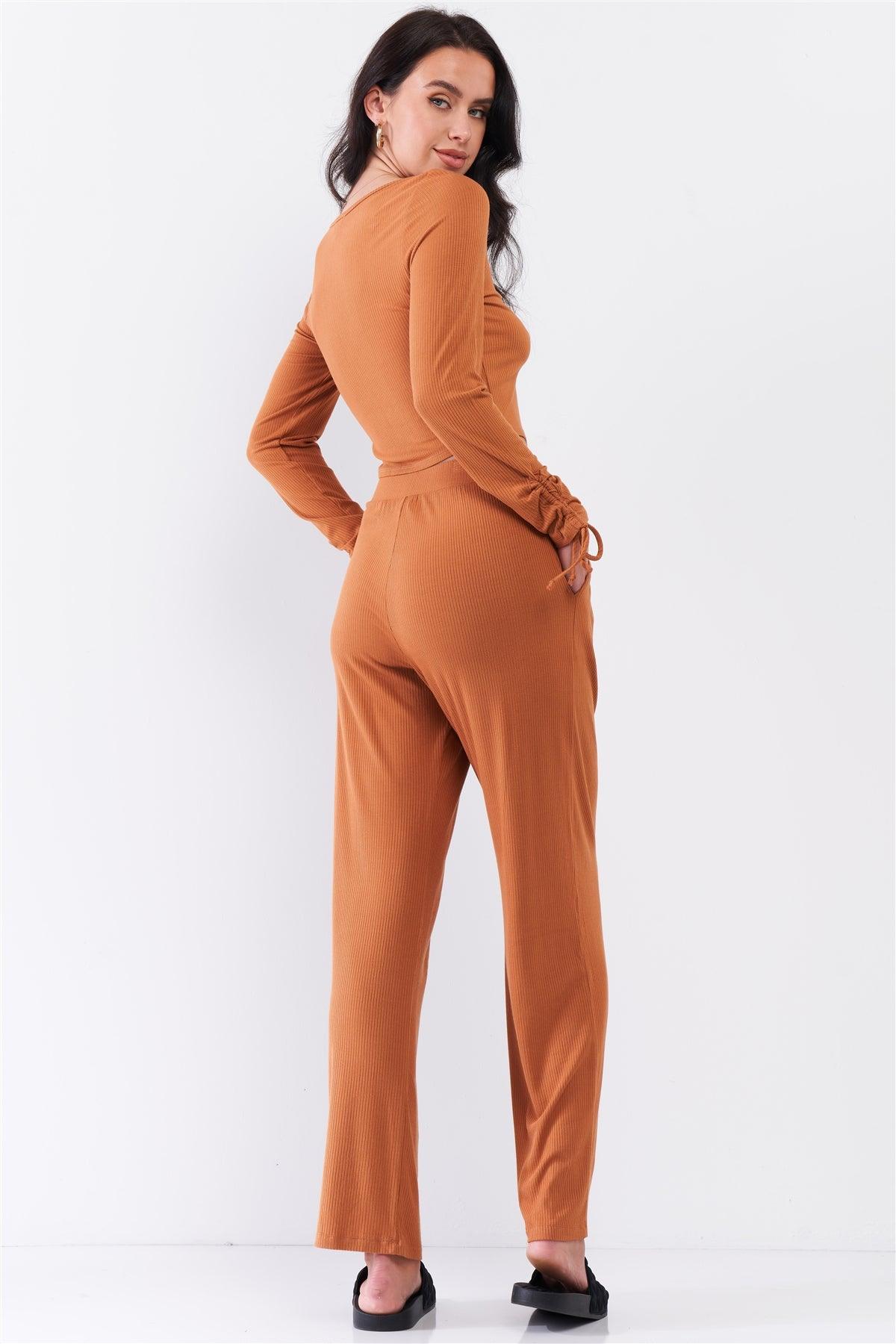 Honey Gold Ribbed Ruched Sleeve Detail Crop Top & Pleated Mid-Rise Wide Leg Pant Set /3-2-1