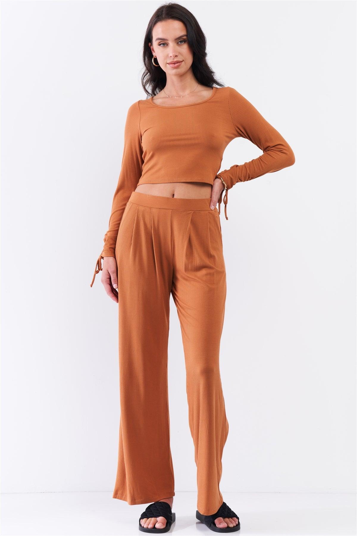 Honey Gold Ribbed Ruched Sleeve Detail Crop Top & Pleated Mid-Rise Wide Leg Pant Set /3-2-1